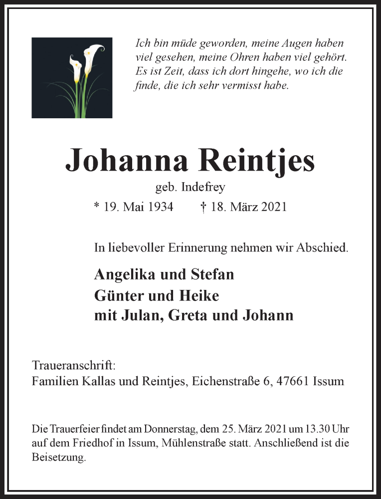  Traueranzeige für Johanna Reintjes vom 20.03.2021 aus Rheinische Post