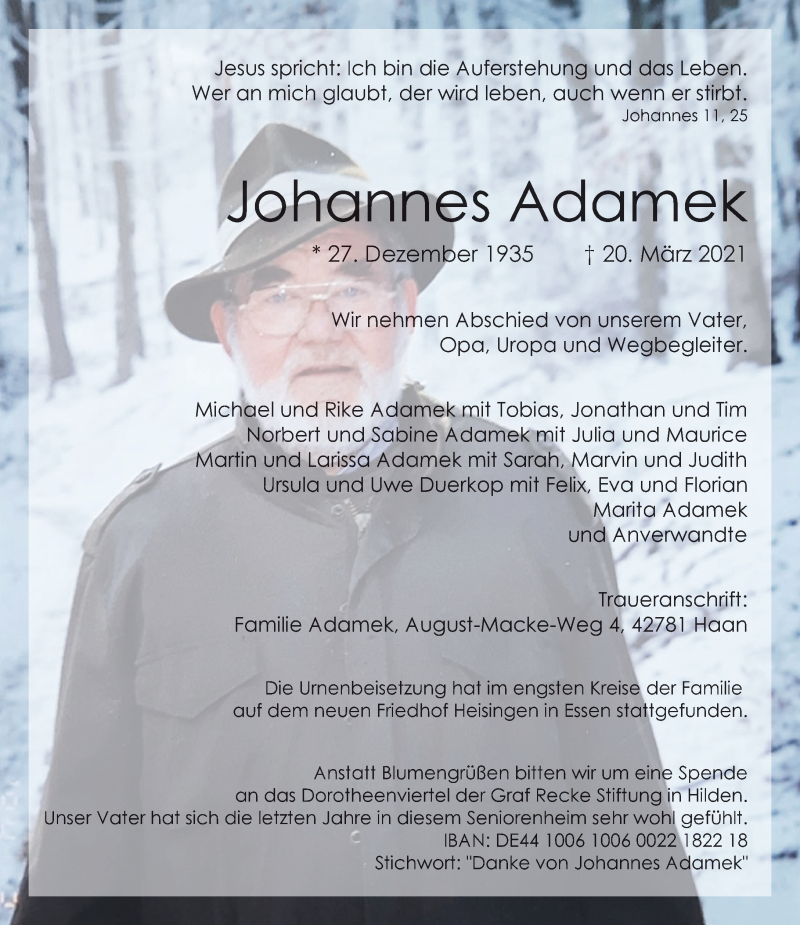  Traueranzeige für Johannes Adamek vom 03.04.2021 aus Rheinische Post