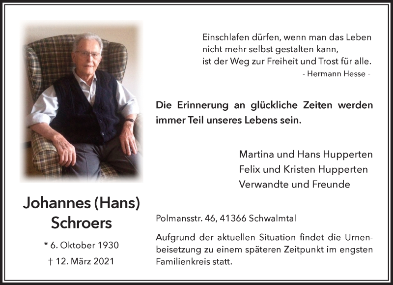  Traueranzeige für Johannes Schroers vom 20.03.2021 aus Rheinische Post