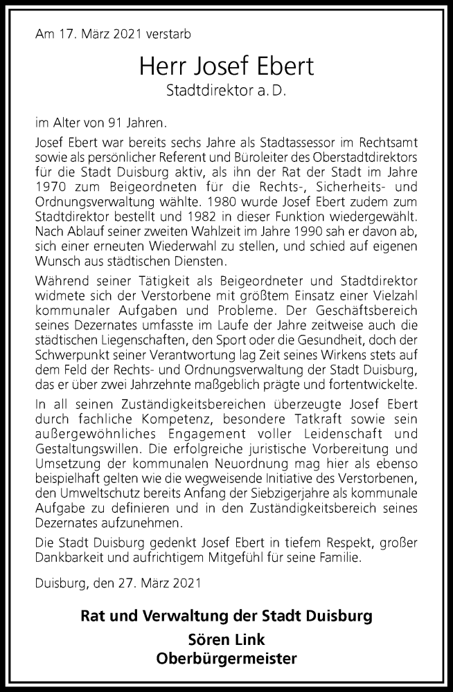  Traueranzeige für Josef Ebert vom 27.03.2021 aus Rheinische Post