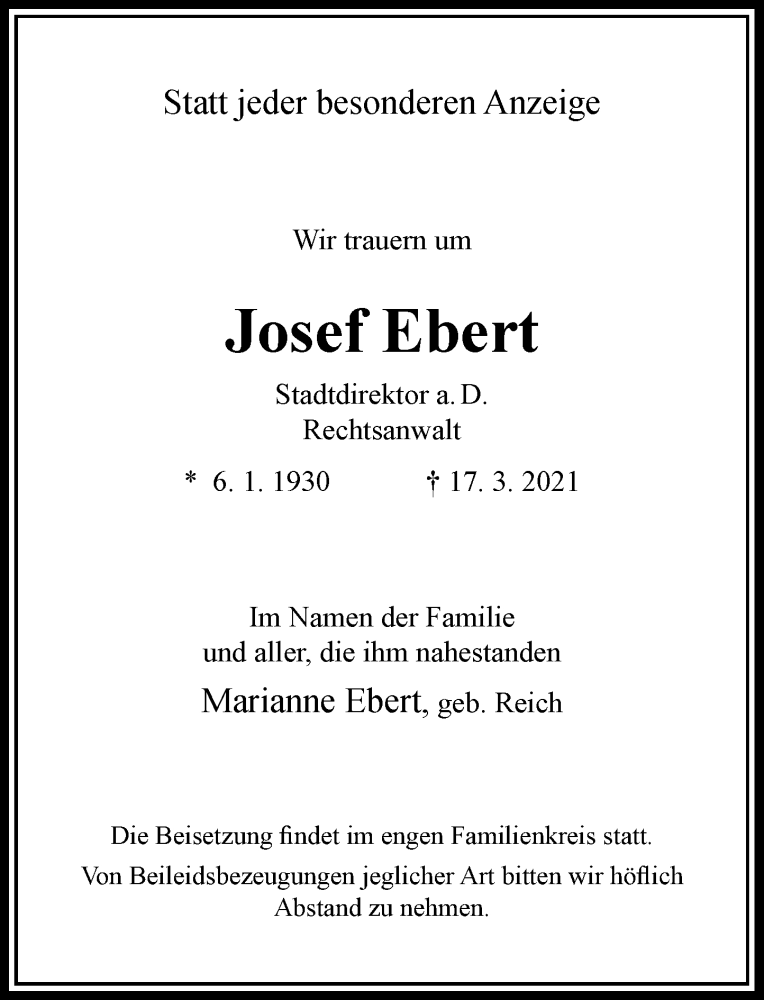  Traueranzeige für Josef Ebert vom 27.03.2021 aus Rheinische Post