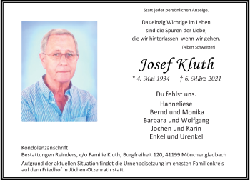 Traueranzeige von Josef Kluth von Rheinische Post