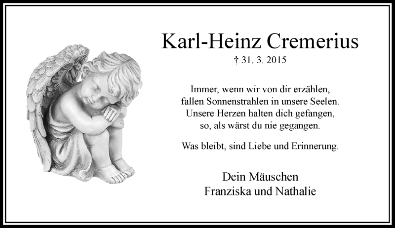  Traueranzeige für Karl-Heinz Cremerius vom 31.03.2021 aus Rheinische Post