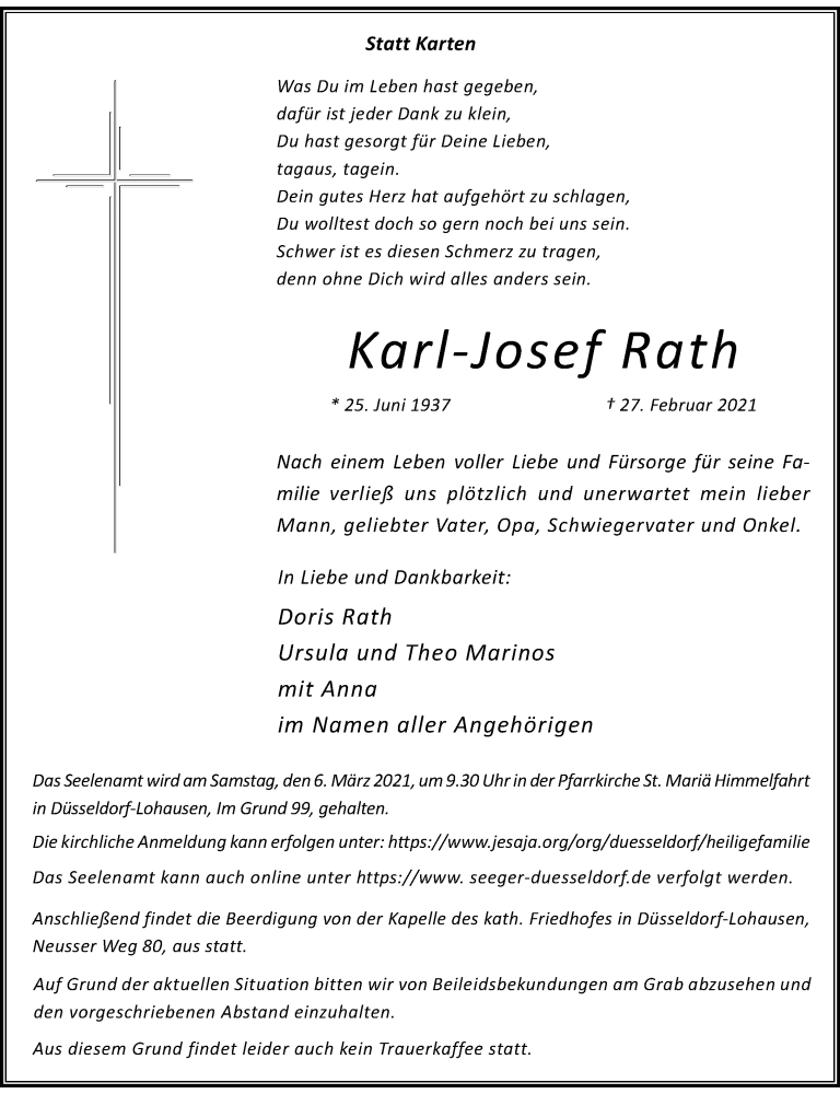  Traueranzeige für Karl-Josef Rath vom 03.03.2021 aus Rheinische Post