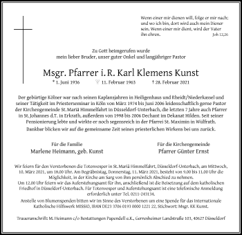 Traueranzeige von Karl Klemens Kunst von Rheinische Post