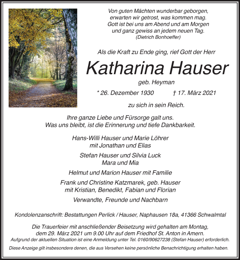  Traueranzeige für Katharina Hauser vom 24.03.2021 aus Rheinische Post
