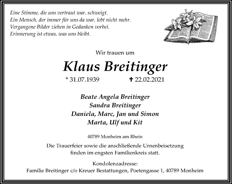  Traueranzeige für Klaus Breitinger vom 10.04.2021 aus Rheinische Post