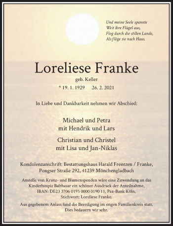 Traueranzeige von Loreliese Franke von Rheinische Post