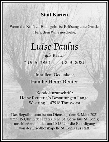Traueranzeige von Luise Paulus von Rheinische Post