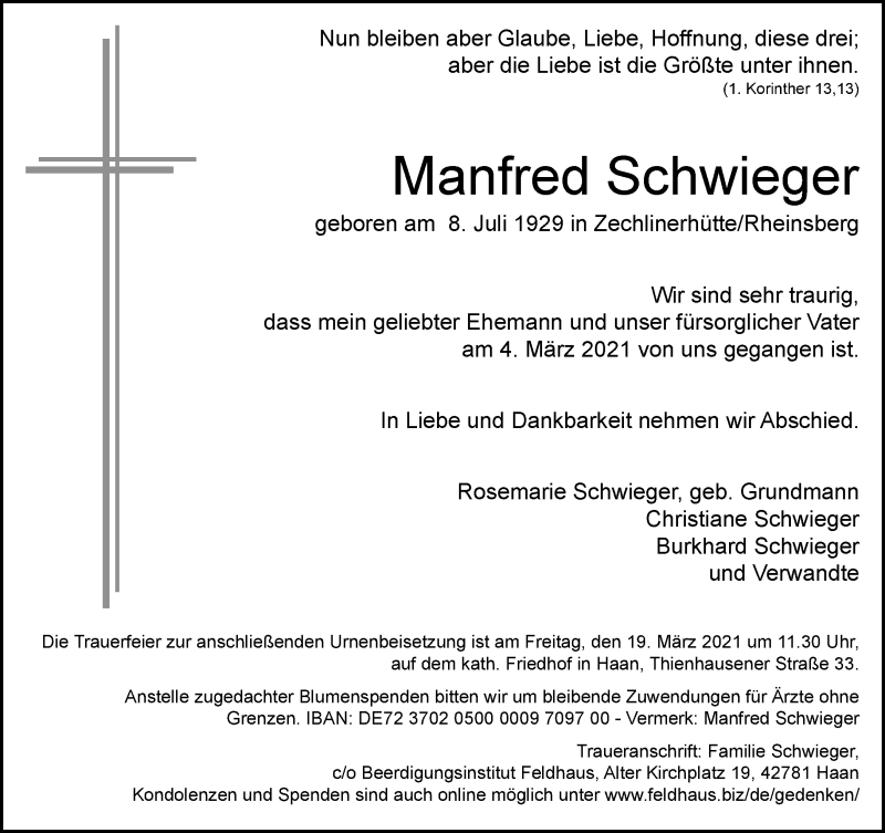  Traueranzeige für Manfred Schwieger vom 13.03.2021 aus Rheinische Post
