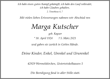 Traueranzeige von Marga Kutscher von Rheinische Post