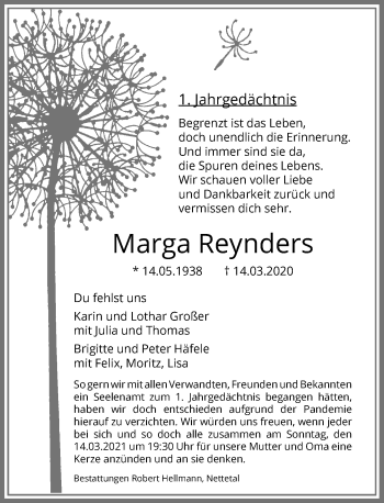 Traueranzeige von Marga Reynders von Rheinische Post