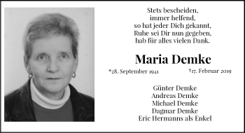 Traueranzeige von Maria Demke von Rheinische Post