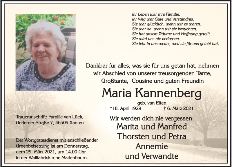  Traueranzeige für Maria Kannenberg vom 10.03.2021 aus Rheinische Post