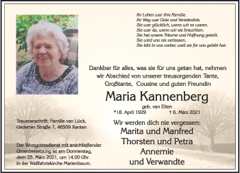Traueranzeige von Maria Kannenberg von Rheinische Post