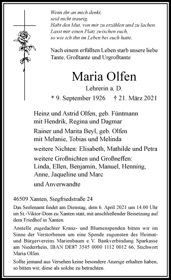 Traueranzeige von Maria Olfen von Rheinische Post