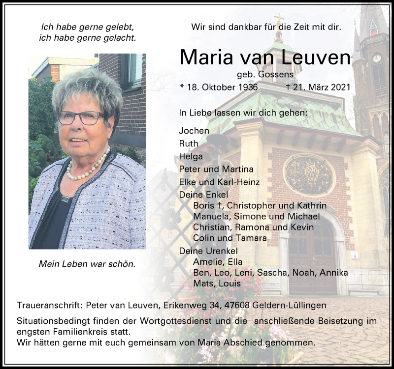  Traueranzeige für Maria van Leuven vom 27.03.2021 aus Rheinische Post
