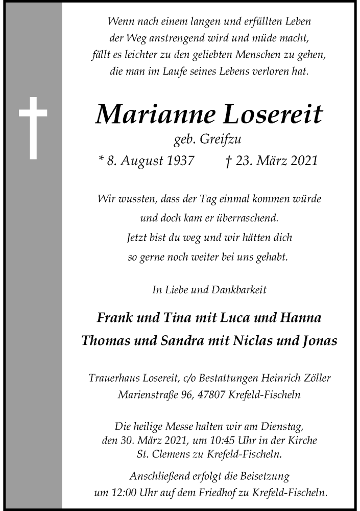  Traueranzeige für Marianne Losereit vom 27.03.2021 aus Rheinische Post