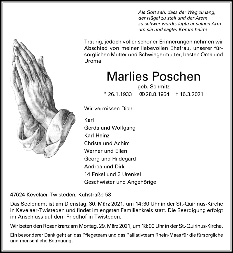  Traueranzeige für Marlies Poschen vom 20.03.2021 aus Rheinische Post