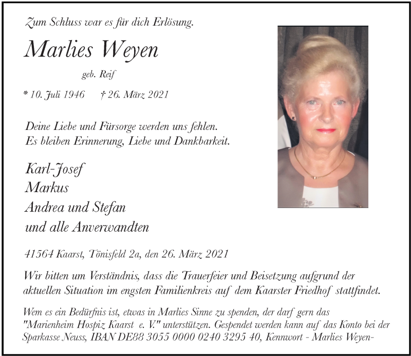  Traueranzeige für Marlies Weyen vom 03.04.2021 aus Rheinische Post