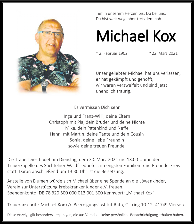 Traueranzeige für Michael Kox vom 27.03.2021 aus Rheinische Post
