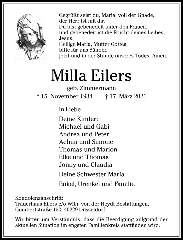  Traueranzeige für Milla Eilers vom 24.03.2021 aus Rheinische Post