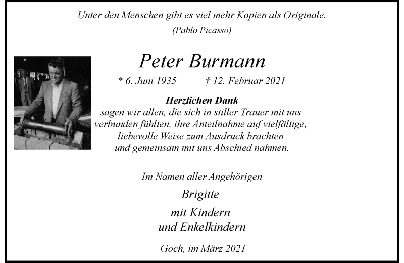  Traueranzeige für Peter Burmann vom 13.03.2021 aus Rheinische Post