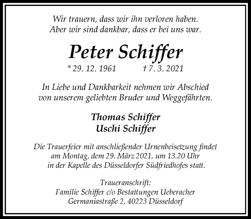  Traueranzeige für Peter Schiffer vom 20.03.2021 aus Rheinische Post