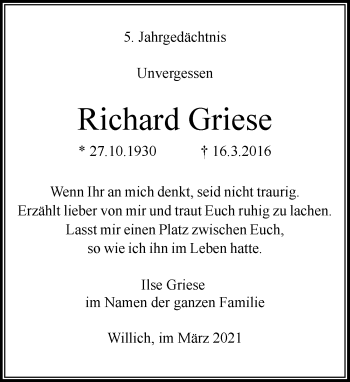 Traueranzeige von Richard Griese von Rheinische Post