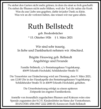 Traueranzeige von Ruth Bellstedt von Rheinische Post