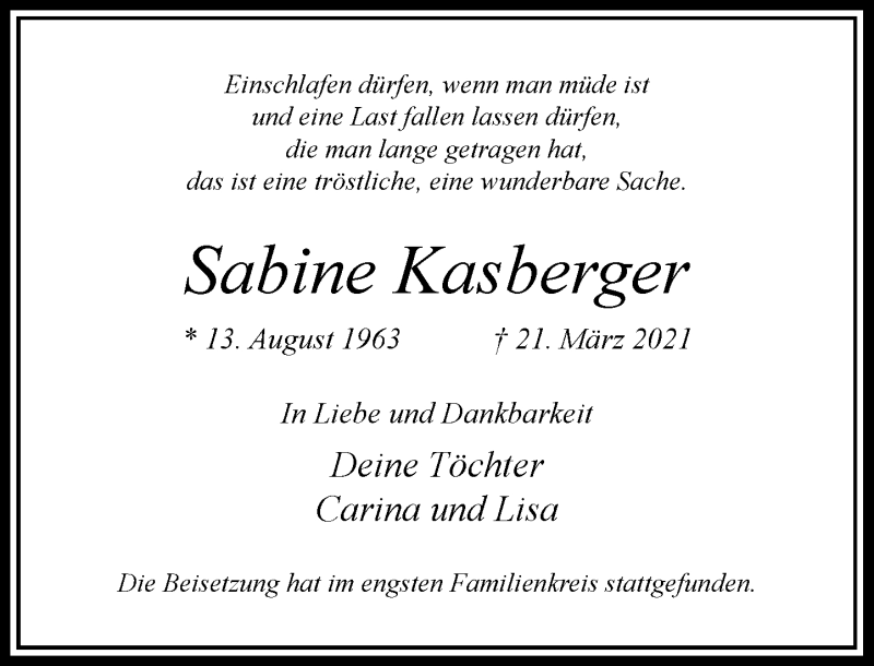  Traueranzeige für Sabine Kasberger vom 03.04.2021 aus Rheinische Post