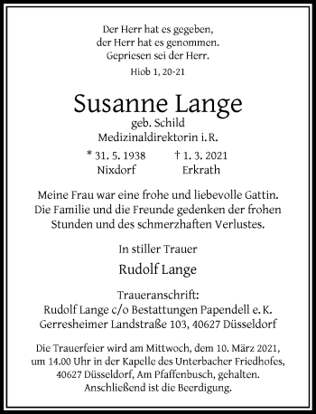 Traueranzeige von Susanne Lange von Rheinische Post