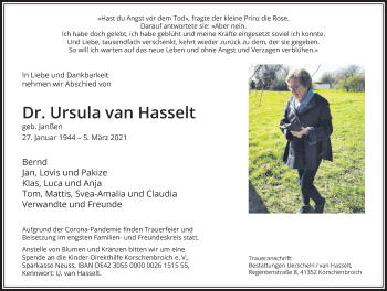 Traueranzeige von Ursula van Hasselt von Rheinische Post