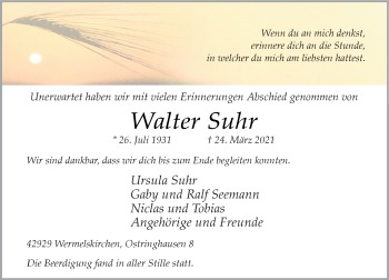 Traueranzeige von Walter Suhr von Rheinische Post