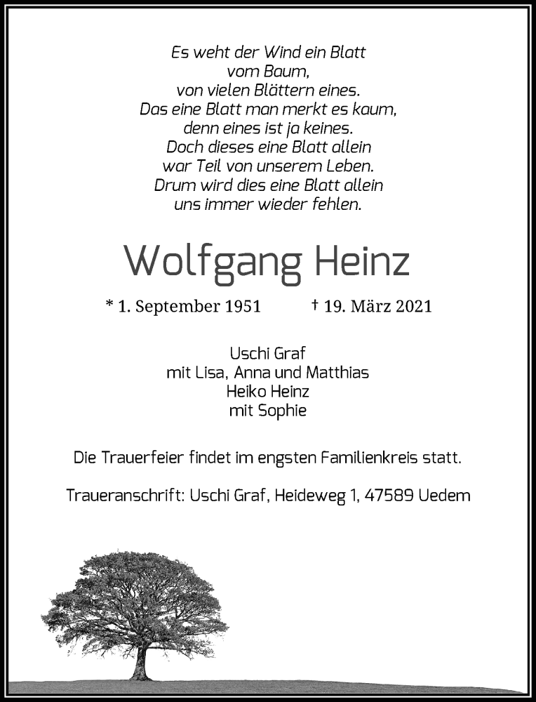  Traueranzeige für Wolfgang Heinz vom 27.03.2021 aus Rheinische Post