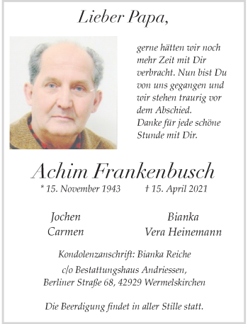 Traueranzeige von Achim Frankenbusch von Rheinische Post