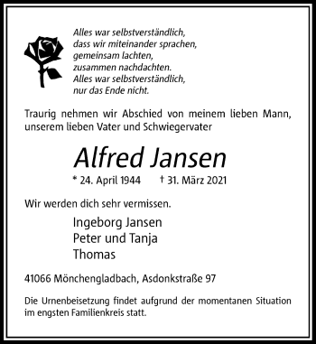 Traueranzeige von Alfred Jansen von Rheinische Post