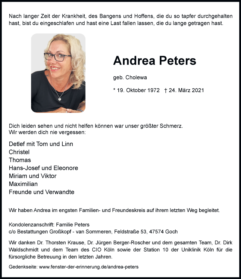  Traueranzeige für Andrea Peters vom 03.04.2021 aus Rheinische Post