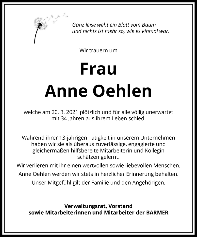  Traueranzeige für Anne Oehlen vom 03.04.2021 aus Rheinische Post