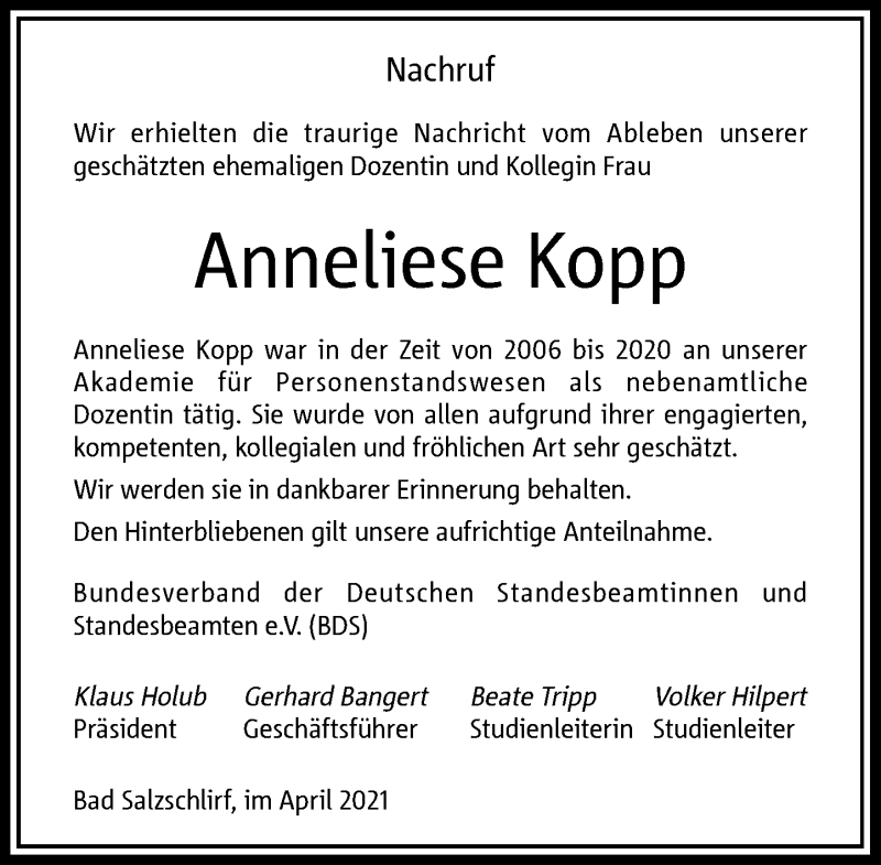  Traueranzeige für Anneliese Kopp vom 24.04.2021 aus Rheinische Post