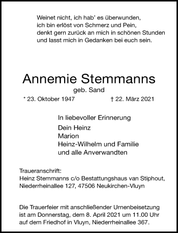 Traueranzeige von Annemie Stemmanns von Rheinische Post