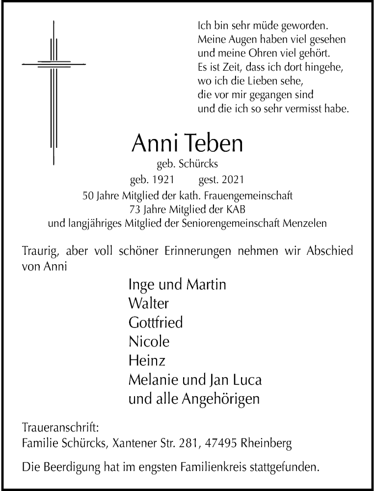  Traueranzeige für Anni Teben vom 14.04.2021 aus Rheinische Post