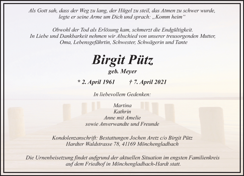  Traueranzeige für Birgit Pütz vom 10.04.2021 aus Rheinische Post