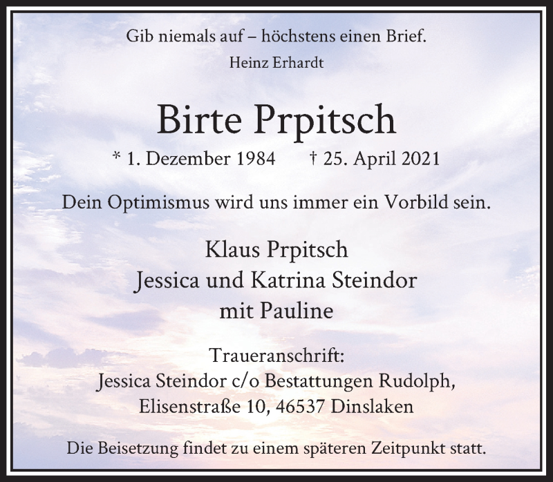  Traueranzeige für Birte Prpitsch vom 01.05.2021 aus Rheinische Post