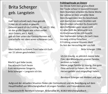 Traueranzeige von Brita Scherger von Rheinische Post