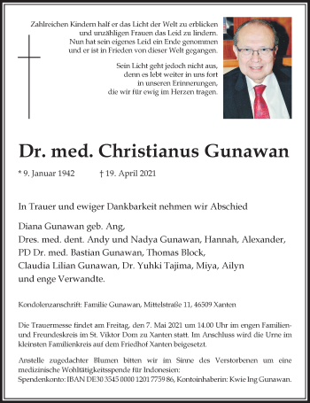 Traueranzeige von Christianus Gunawan von Rheinische Post