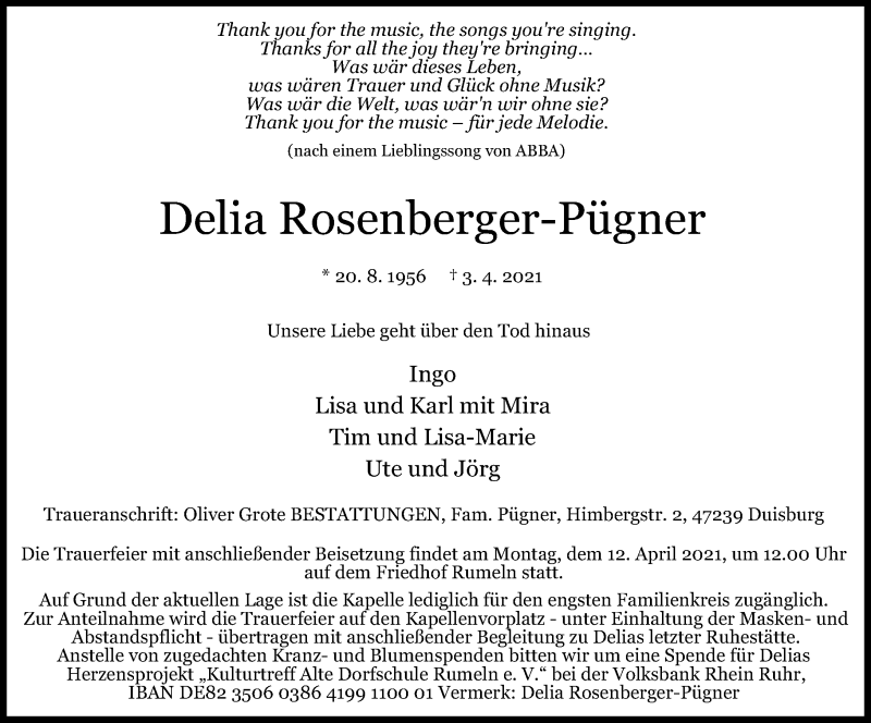 Traueranzeige für Delia Rosenberger-Pügner vom 08.04.2021 aus Rheinische Post