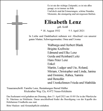 Traueranzeige von Elisabeth Lenz von Rheinische Post