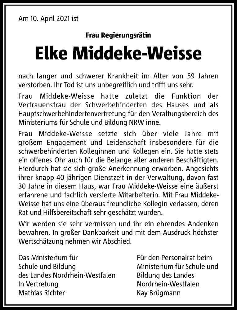  Traueranzeige für Elke Middeke-Weisse vom 17.04.2021 aus Rheinische Post