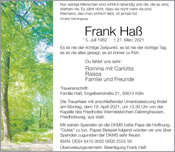 Traueranzeige von Frank Haß von Rheinische Post